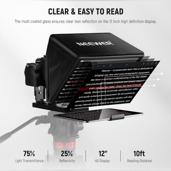 NEEWER Basics X12B Aluminum Alloy Liftable Teleprompter 12" for iPad Tablet Phne - Picture 5 of 13